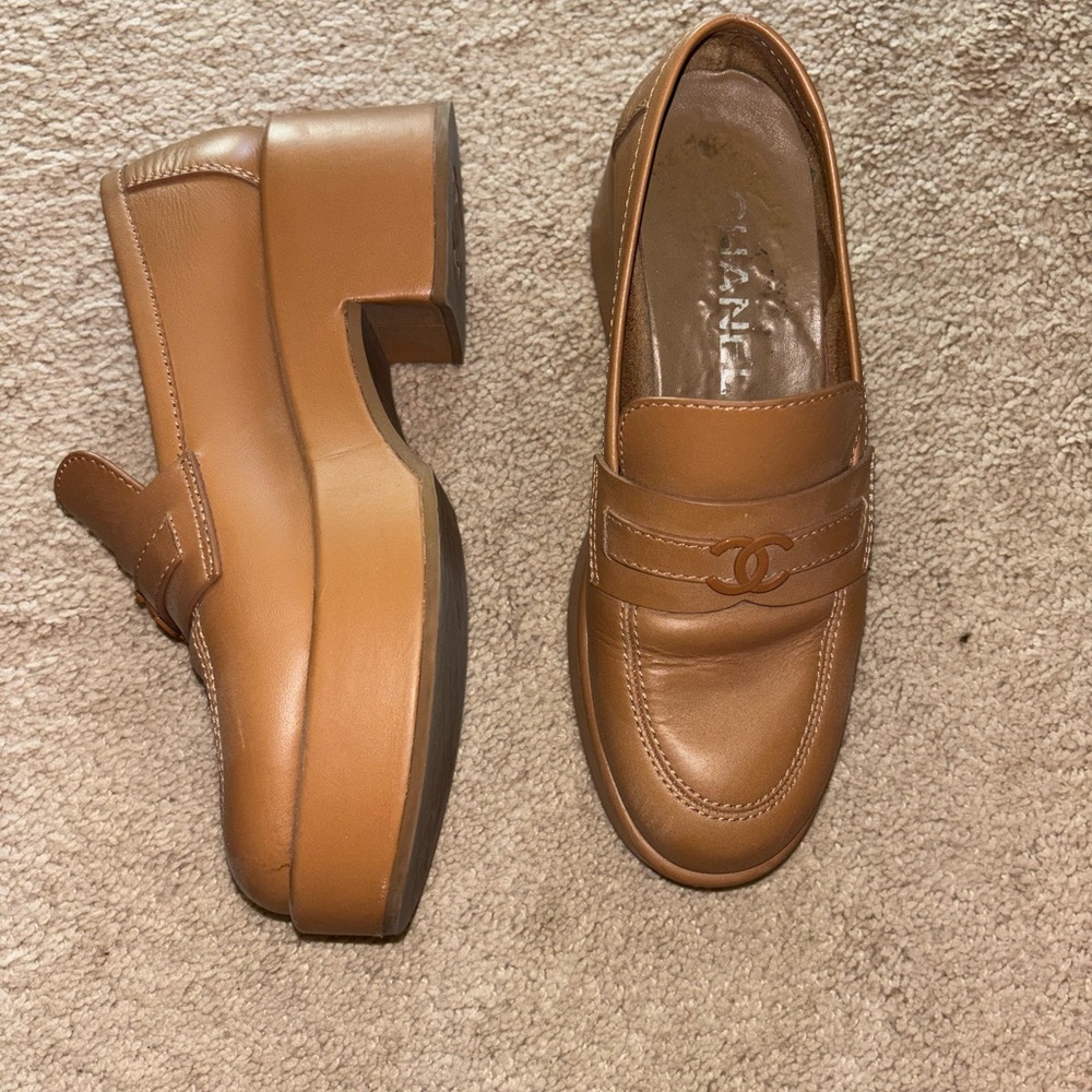 Chanel Tan Leather Loafers with platform 38
